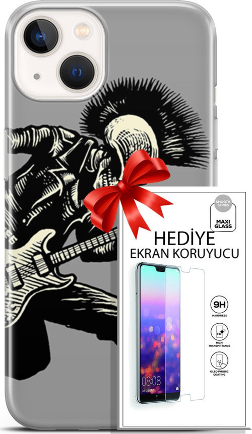 Apple İphone 13 Mini Kılıf Orijinal Seri Punky 07 Punk Gitarist Desenli Kılıf + Ön Ekran Koruyucu