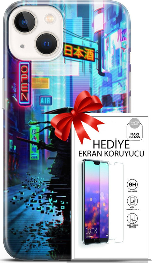 Apple İphone 13 Mini Kılıf Orijinal Seri Cyberpunk 29 Open Leke Tutmaz Kapak + Ekran Koruyucu