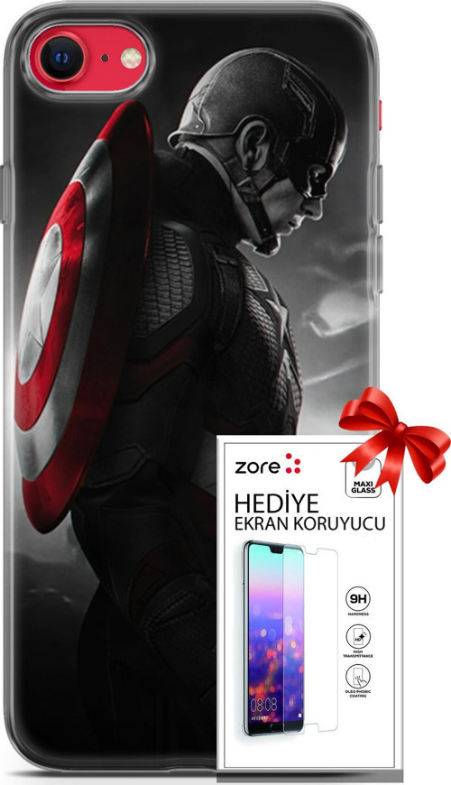 Apple İphone Se 2020 - 2022 Kılıf Orijinal Seri Supers 18 Captain America Parlak Kılıf + Ekran Koruyucu