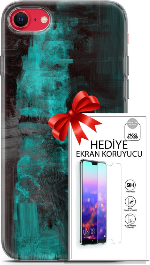 Apple İphone Se 2020 - 2022 Kılıf Orijinal Seri Nature 11 Yeşil Siyah 4K Baskılı Kılıf + Ekran Koruyucu