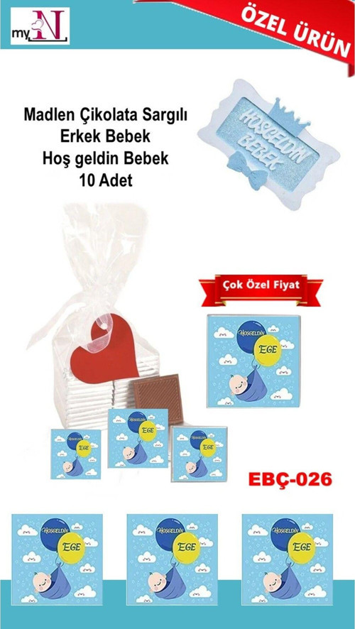 Madlen Çikolata Sargılı Erkek Bebek Hoş Geldin Bebek 10 Adet