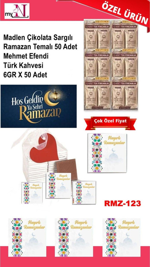 Madlen Çikolata Sargılı Ramazan Temalı 50 Adet - Mehmet Efendi Türk Kahvesi 6Gr X 50 Adet