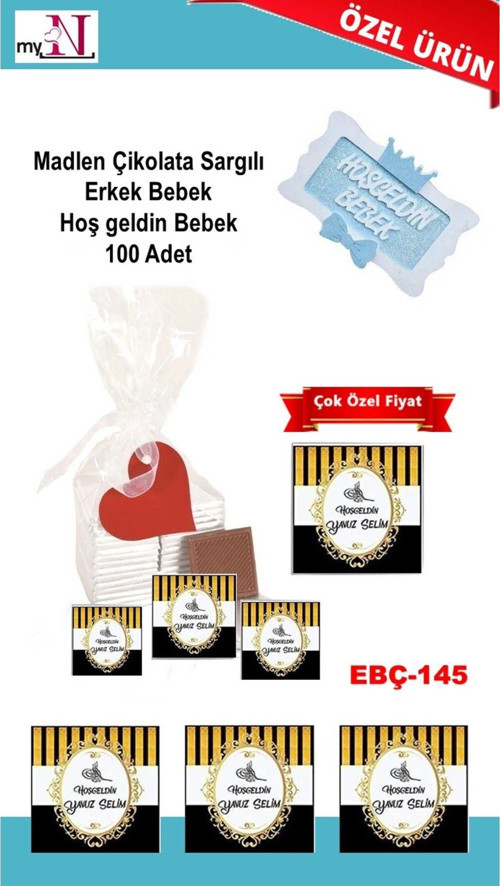 Madlen Çikolata Sargılı Erkek Bebek Hoş Geldin Bebek 100 Adet