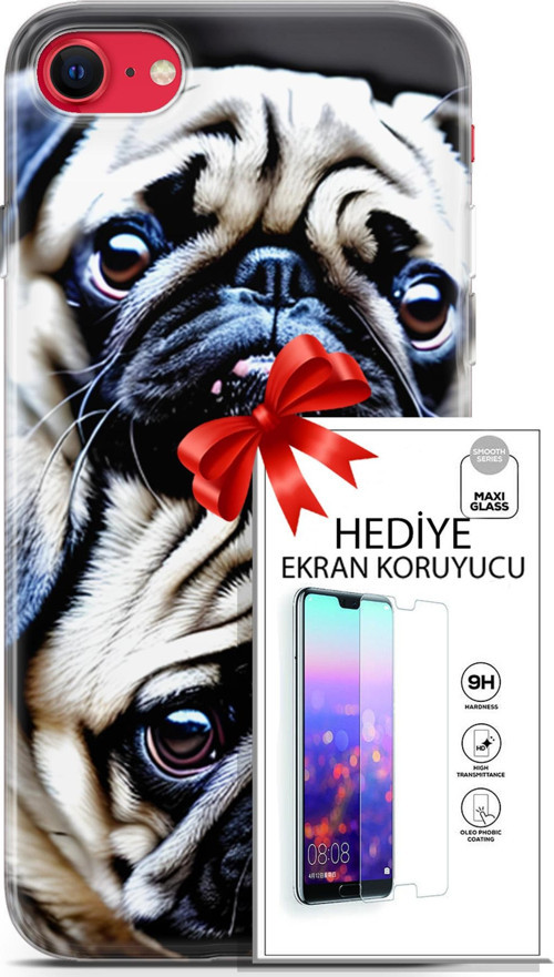 Apple İphone Se 2020 - 2022 Kılıf Orijinal Seri Dogs 20 İkili Pug Renkli Kılıf Ekran Koruyucu