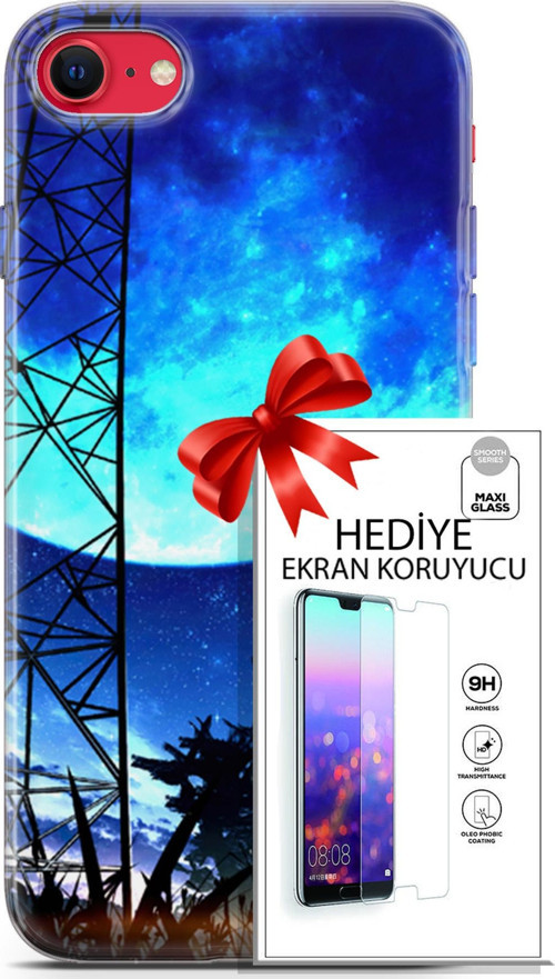 Apple İphone Se 2020 - 2022 Kılıf Orijinal Seri Fantasy 24 Mavi Ay Darbe Emici Kılıf + Ekran Koruyucu