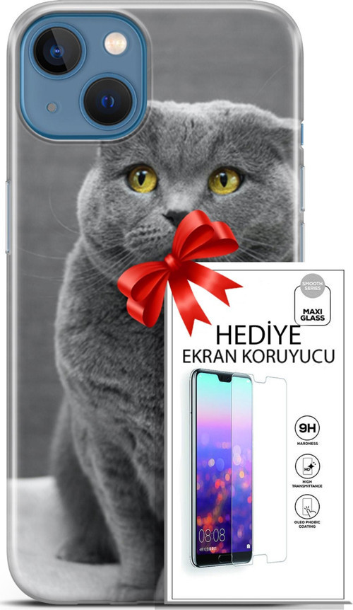 Apple İphone 13 Kılıf Orijinal Seri Scotish-British 17 Scottish Duman Gri Yumuşak Kılıf + Ekran Koruyucu