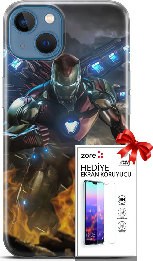 Apple İphone 13 Kılıf Orijinal Seri Supers 30 Iron Man Kenarları Şeffaf Kapak Ve Ekran Koruyucu