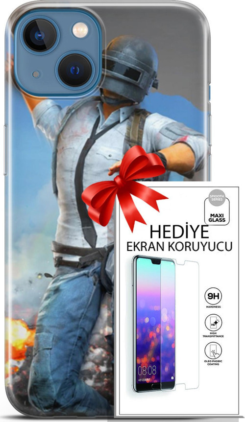 Apple İphone 13 Kılıf Orijinal Seri Pubg 01 Action Figur Telefon Kılıfı + Ekran Koruyucu