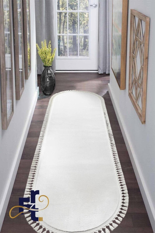 Tüylü Peluş Oval Örgü Saçaklı Peluş Yolluk Yumuşacık Yıkanabilir Antre Hol Koridor Halı Beyaz
