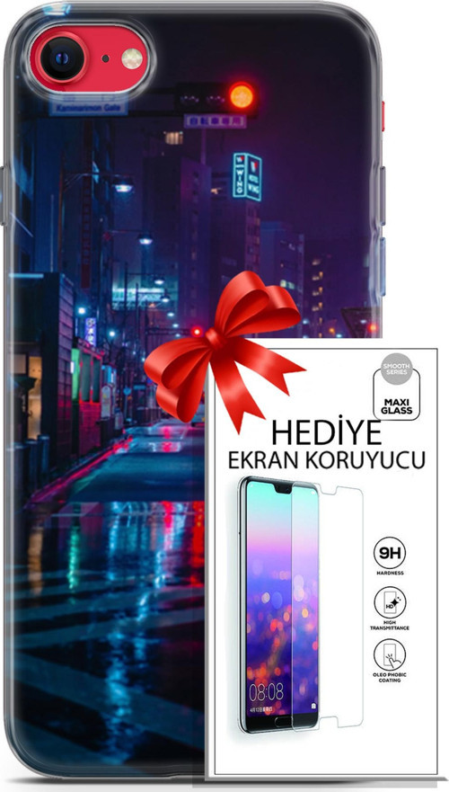 Apple İphone Se 2020 - 2022 Kılıf Orijinal Seri Cyberpunk 15 Neon Cadde Kalın Silikon + Ekran Koruyucu