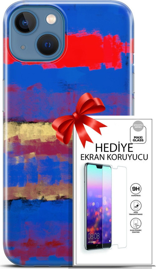 Apple İphone 13 Kılıf Orijinal Seri Nature 09 Turuncu Mavi Uv Kılıf Ve Ekran Koruyucu
