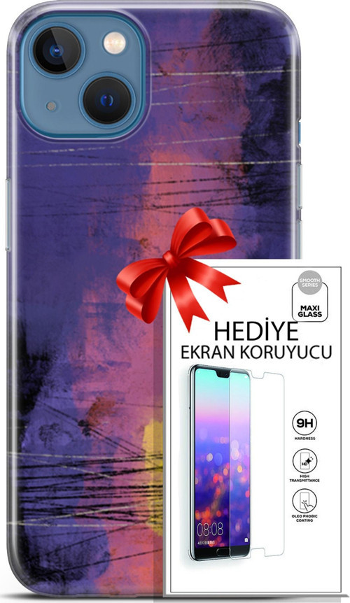 Apple İphone 13 Kılıf Orijinal Seri Nature 04 Mor Kırmızı Silikon Kılıf + Ekran Koruyucu Full Koruma