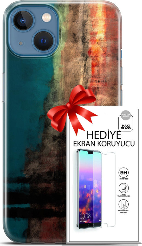 Apple İphone 13 Kılıf Orijinal Seri Nature 03 Yeşil Turuncu Taş Arka Kapak + Ekran Koruyucu