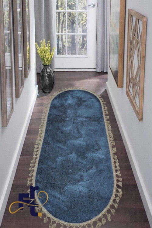 Tüylü Peluş Oval Örgü Saçaklı Peluş Yolluk Yumuşacık Yıkanabilir Antre Hol Koridor Halı Mavi