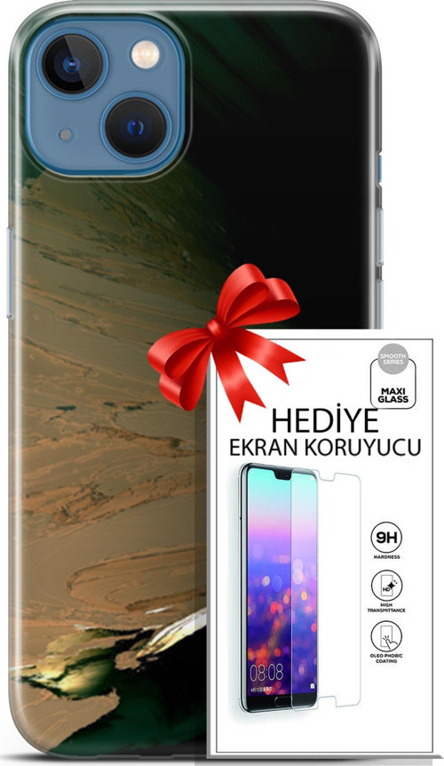 Apple İphone 13 Kılıf Orijinal Seri Nature 02 Yeşil Sarı Kapak Ve Ekran Koruyucu