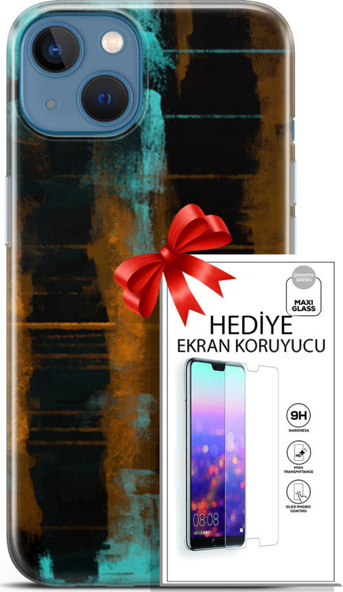 Apple İphone 13 Kılıf Orijinal Seri Nature 05 Turkuaz Siyah Koruma Kılıfı + Ekran Koruyucu