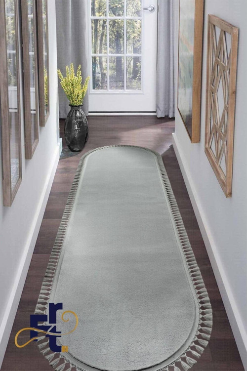 Tüylü Peluş Oval Örgü Saçaklı Peluş Yolluk Yumuşacık Yıkanabilir Antre Hol Koridor Halı Gri
