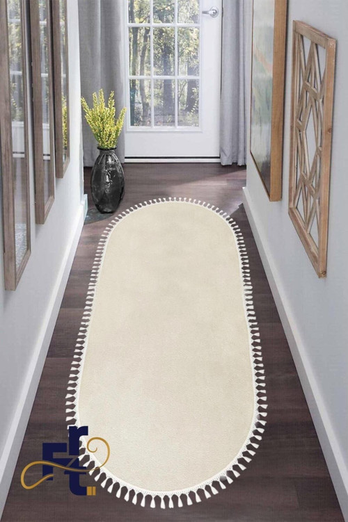 Tüylü Peluş Oval Örgü Saçaklı Peluş Yolluk Yumuşacık Yıkanabilir Antre Hol Koridor Halı Krem