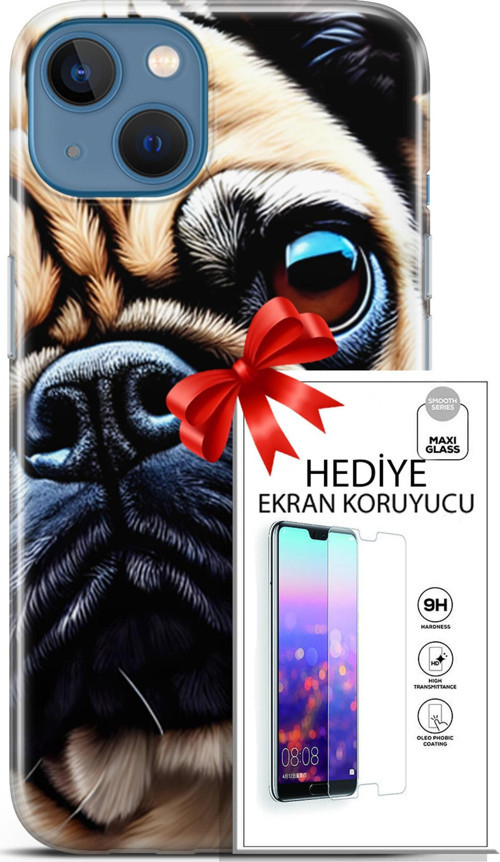 Apple İphone 13 Kılıf Orijinal Seri Dogs 08 Pug Baskılı Kılıf + Ekran Koruyucu