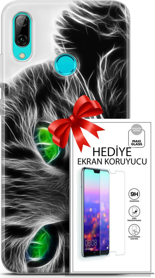 Huawei P Smart 2019 Kılıf Orijinal Seri Scotish-British 27 Yeşil Gözlü Kedi Lazer Kesim Silikon Ekran Koruyucu