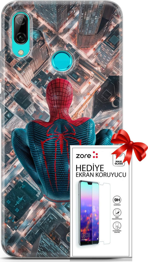 Huawei P Smart 2019 Kılıf Orijinal Seri Supers 07 Spider Man Newyork Desenli Kılıf + Ön Ekran Koruyucu