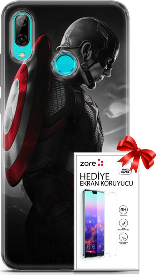 Huawei P Smart 2019 Kılıf Orijinal Seri Supers 18 Captain America Parlak Kılıf + Ekran Koruyucu Full