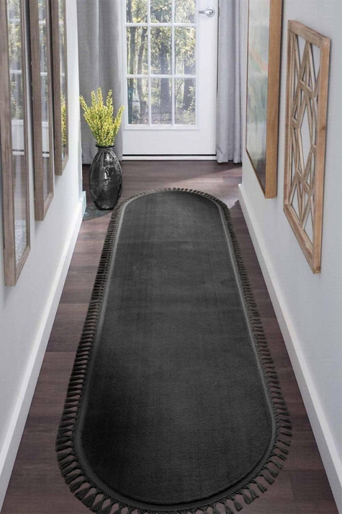 Tüylü Peluş Oval Örgü Saçaklı Peluş Yolluk Yumuşacık Yıkanabilir Antre Hol Koridor Halı Antrasit