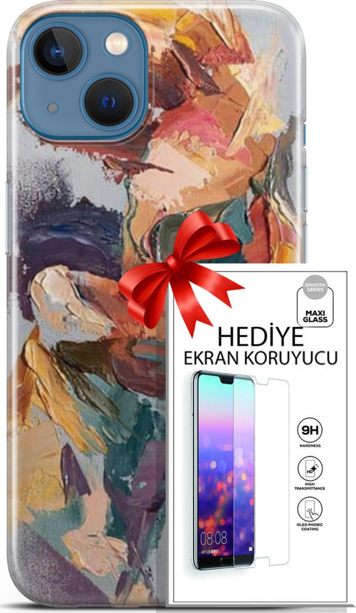 Apple İphone 13 Kılıf Orijinal Seri Soul 04 Soyut Silikon Kılıf + Ekran Koruyucu Full Korumaketi