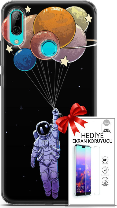 Huawei P Smart 2019 Kılıf Orijinal Seri Algorand 07 Uçan Balon Astronot Desenli Kılıf + Ön Ekran Koruyucu