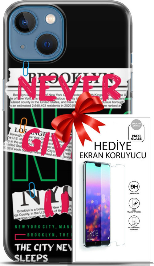 Apple İphone 13 Kılıf Orijinal Seri Punky 21 Never Give Up Darbe Önleyici Kapak + Ön Ekran Koruyucu