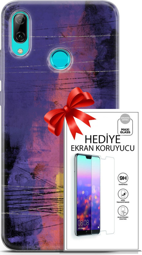 Huawei P Smart 2019 Kılıf Orijinal Seri Nature 04 Mor Kırmızı Silikon Kılıf + Ekran Koruyucu Full Koruma