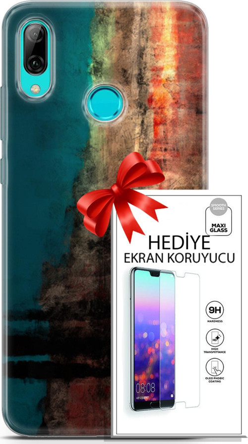 Huawei P Smart 2019 Kılıf Orijinal Seri Nature 03 Yeşil Turuncu Taş Arka Kapak + Ekran Koruyucu