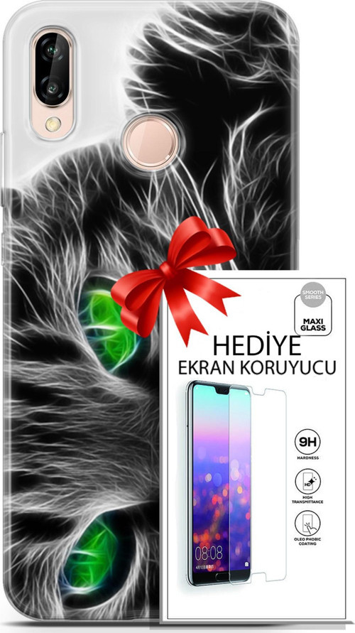 Huawei P20 Lite Kılıf Orijinal Seri Scotish-British 27 Yeşil Gözlü Kedi Lazer Kesim Silikon Ekran Koruyucu