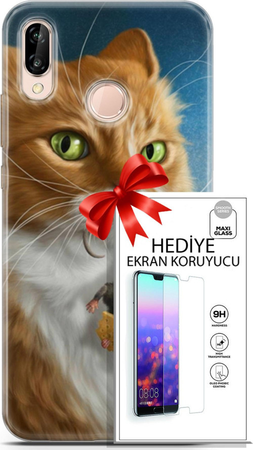 Huawei P20 Lite Kılıf Orijinal Seri Scotish-British 14 Sibirya Kedisi Avcı Cover Kılıf + Ön Ekran Koruyucu