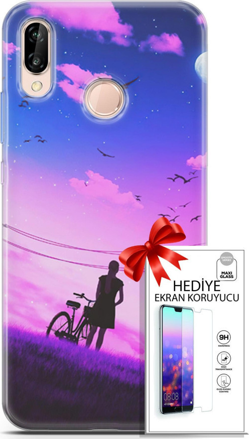 Huawei P20 Lite Kılıf Orijinal Seri Algorand 28 Bisikletli Kız İz Bırakmayan Kılıf + Ön Ekran Koruyucu