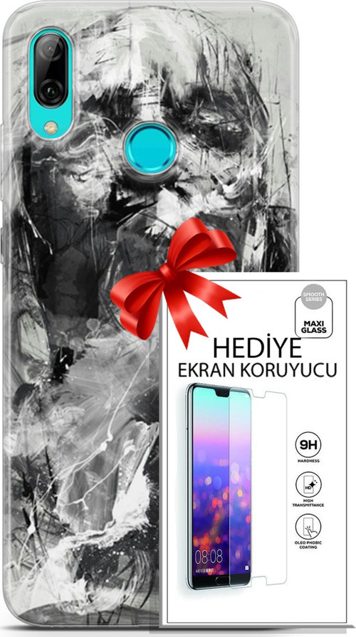 Huawei P Smart 2019 Kılıf Orijinal Seri Soul 30 Siyah Beyaz Kenarları Şeffaf Kapak Ve Ekran Koruyucu