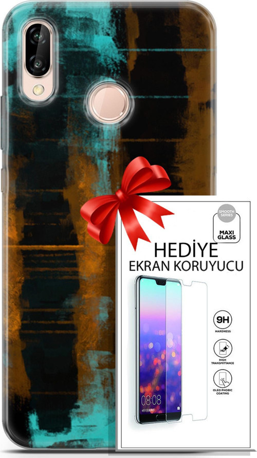 Huawei P20 Lite Kılıf Orijinal Seri Nature 05 Turkuaz Siyah Koruma Kılıfı + Ekran Koruyucu