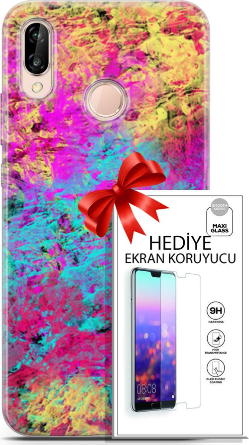 Huawei P20 Lite Kılıf Orijinal Seri Nature 29 Çok Renkli Leke Tutmaz Kapak + Ekran Koruyucu