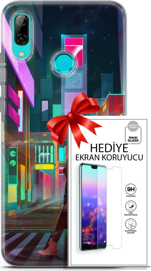 Huawei P Smart 2019 Kılıf Orijinal Seri Cyberpunk 05 Neon City Koruma Kılıfı + Ekran Koruyucu