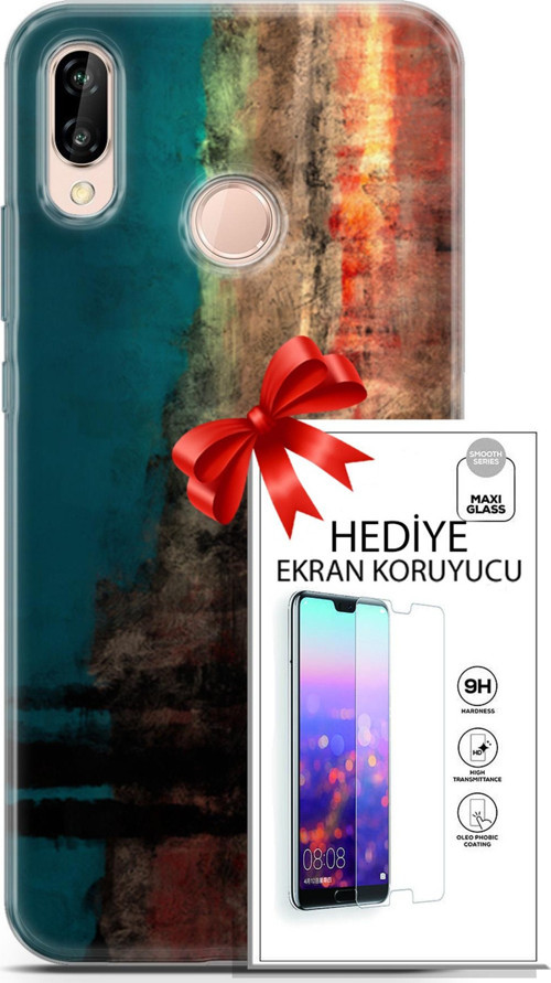 Huawei P20 Lite Kılıf Orijinal Seri Nature 03 Yeşil Turuncu Taş Arka Kapak + Ekran Koruyucu