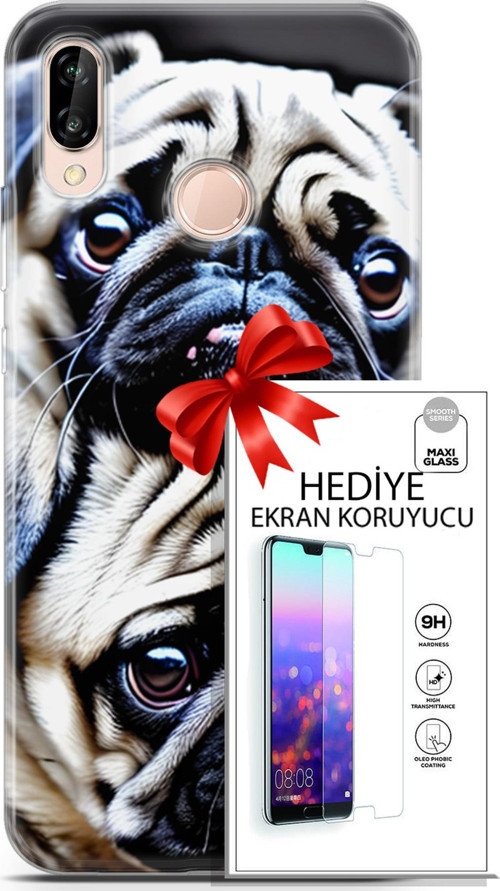Huawei P20 Lite Kılıf Orijinal Seri Dogs 20 İkili Pug Renkli Kılıf Ekran Koruyucu