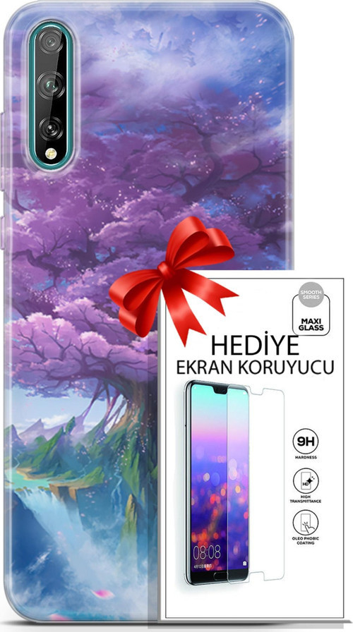Huawei P Smart S 2020 Kılıf Orijinal Seri Fantasy 27 Bahar Ağaç Lazer Kesim Silikon Ekran Koruyucu