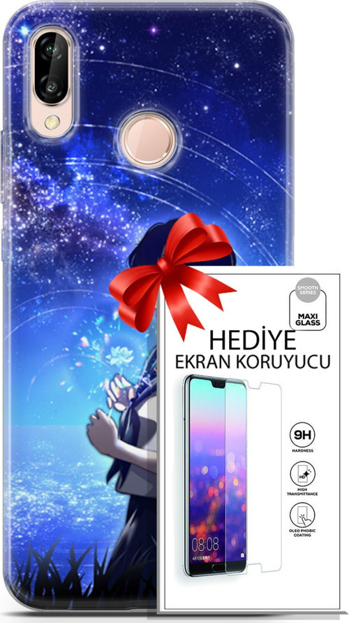 Huawei P20 Lite Kılıf Orijinal Seri Fantasy 01 Çiçekli Kız Telefon Kılıfı + Ekran Koruyucu