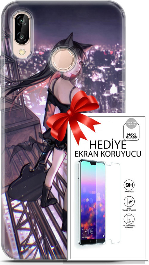 Huawei P20 Lite Kılıf Orijinal Seri Fantasy 20 Anime Çatıda Renkli Kılıf Ekran Koruyucu
