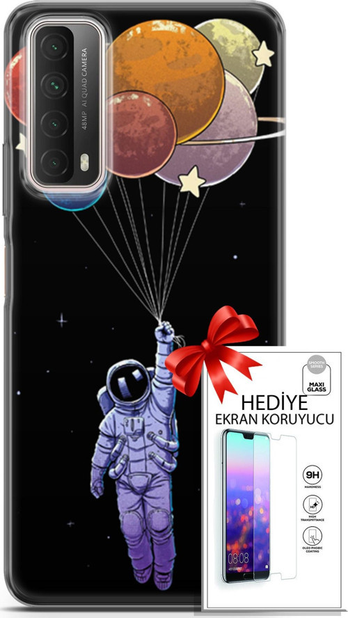 Huawei P Smart 2021 Kılıf Orijinal Seri Algorand 07 Uçan Balon Astronot Desenli Kılıf + Ön Ekran Koruyucu