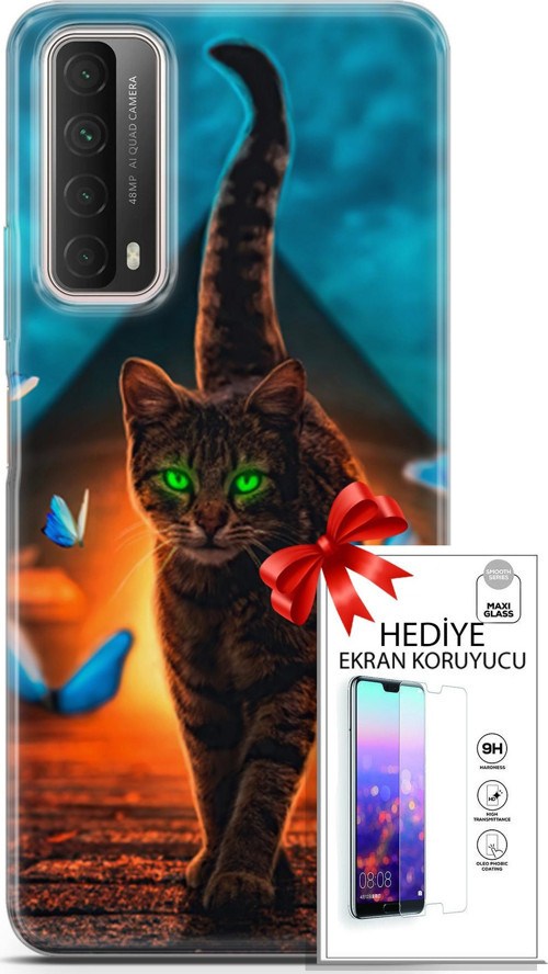 Huawei P Smart 2021 Kılıf Orijinal Seri Algorand 09 Yeşil Neon Kedi Uv Kılıf Ve Ekran Koruyucu
