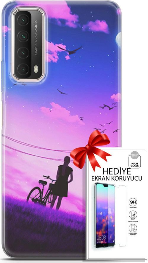 Huawei P Smart 2021 Kılıf Orijinal Seri Algorand 28 Bisikletli Kız İz Bırakmayan Kılıf + Ön Ekran Koruyucu
