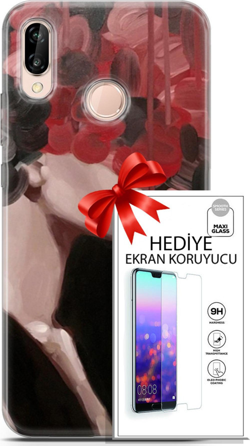 Huawei P20 Lite Kılıf Orijinal Seri Soul 19 Kırmızı Pembe Siyah Tam Koruma Kılıf + Ekran Koruyucu