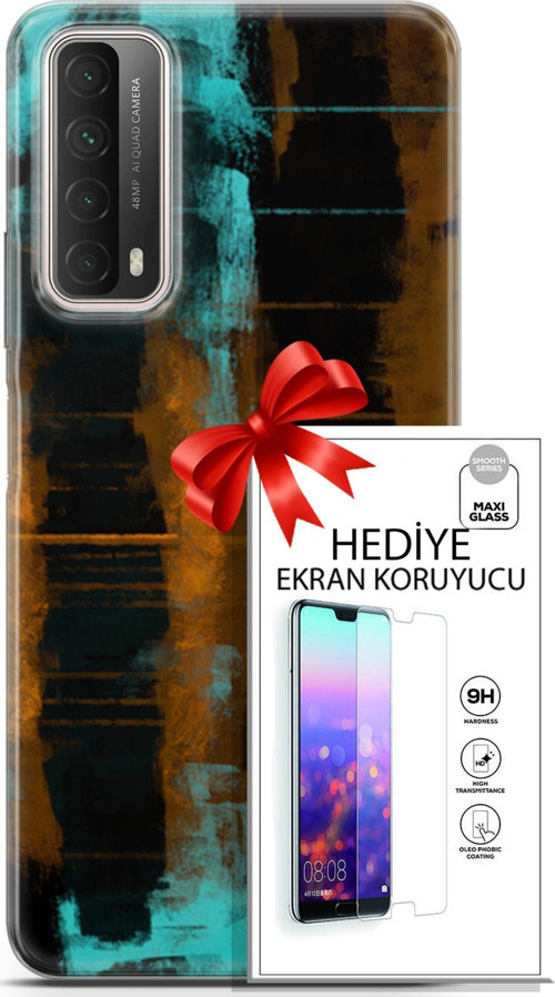 Huawei P Smart 2021 Kılıf Orijinal Seri Nature 05 Turkuaz Siyah Koruma Kılıfı + Ekran Koruyucu