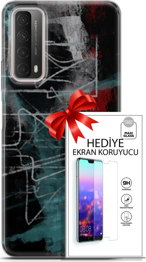 Huawei P Smart 2021 Kılıf Orijinal Seri Nature 07 Gri Çizgiler Desenli Kılıf + Ön Ekran Koruyucu